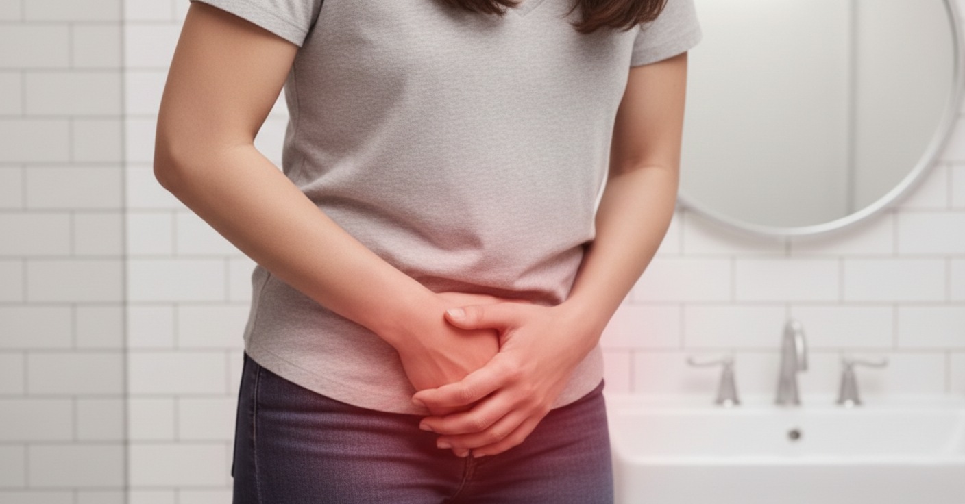 Kvinde holder sig for underlivet som tegn på ubehag ved mycoplasma genitalium