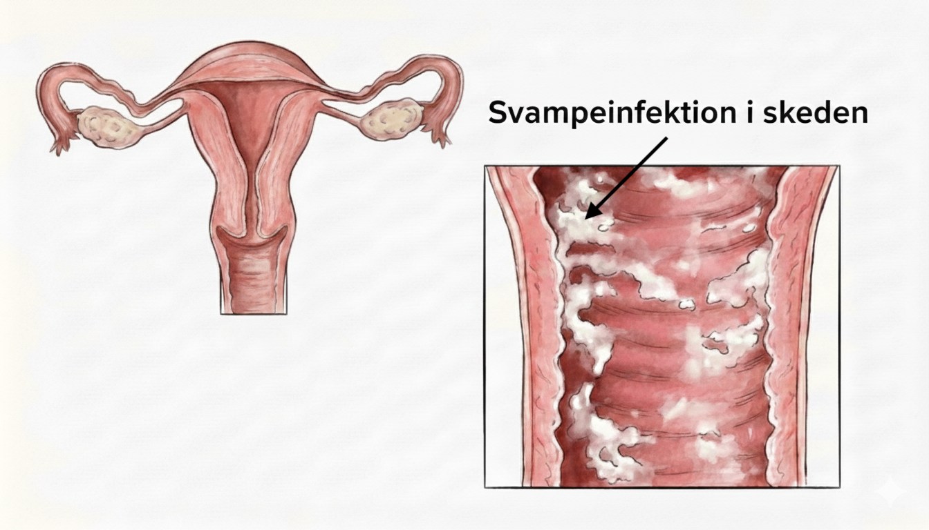 Illustration af svampeinfektion i skeden med hvidligt udflåd