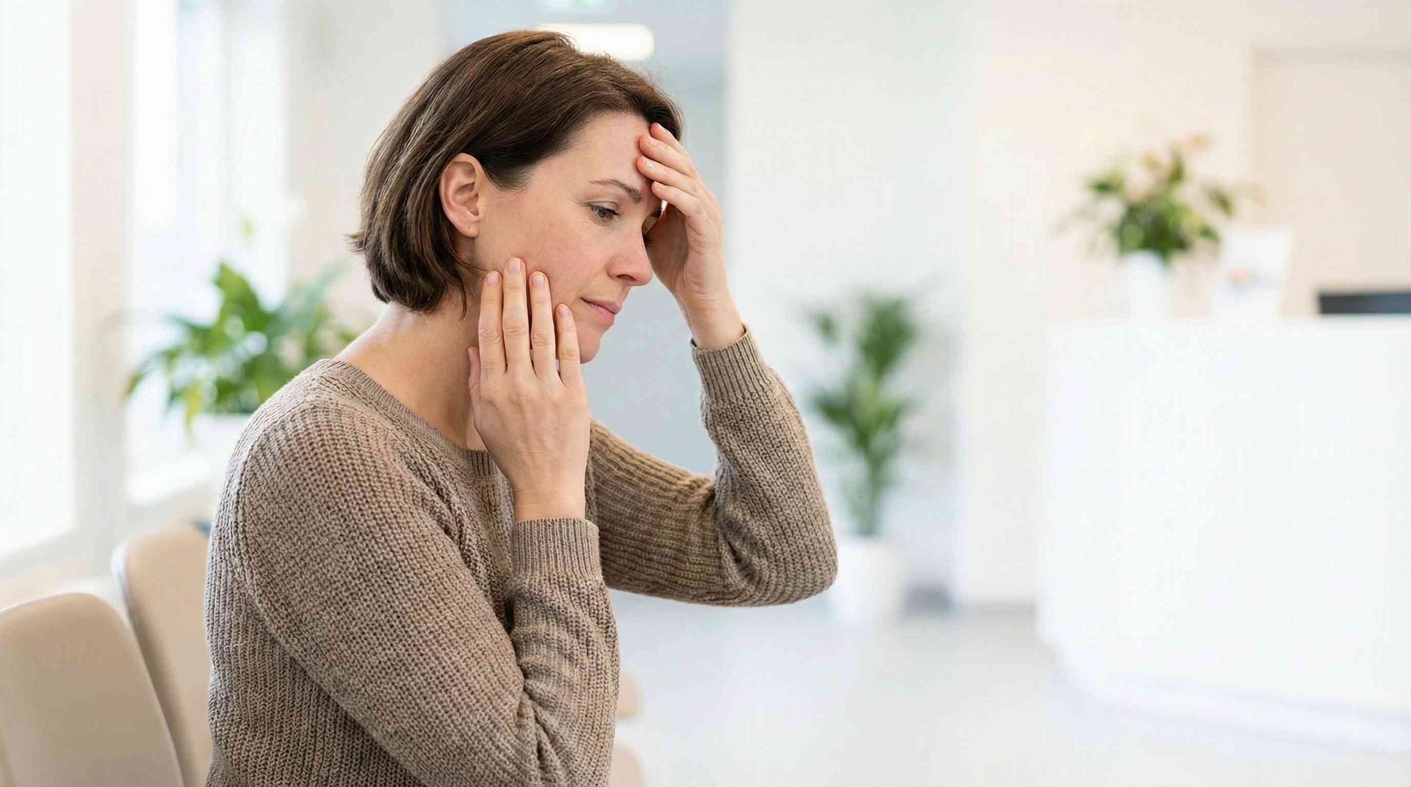 Kvinde med smerter og tryk i ansigtet ved bihulebetændelse