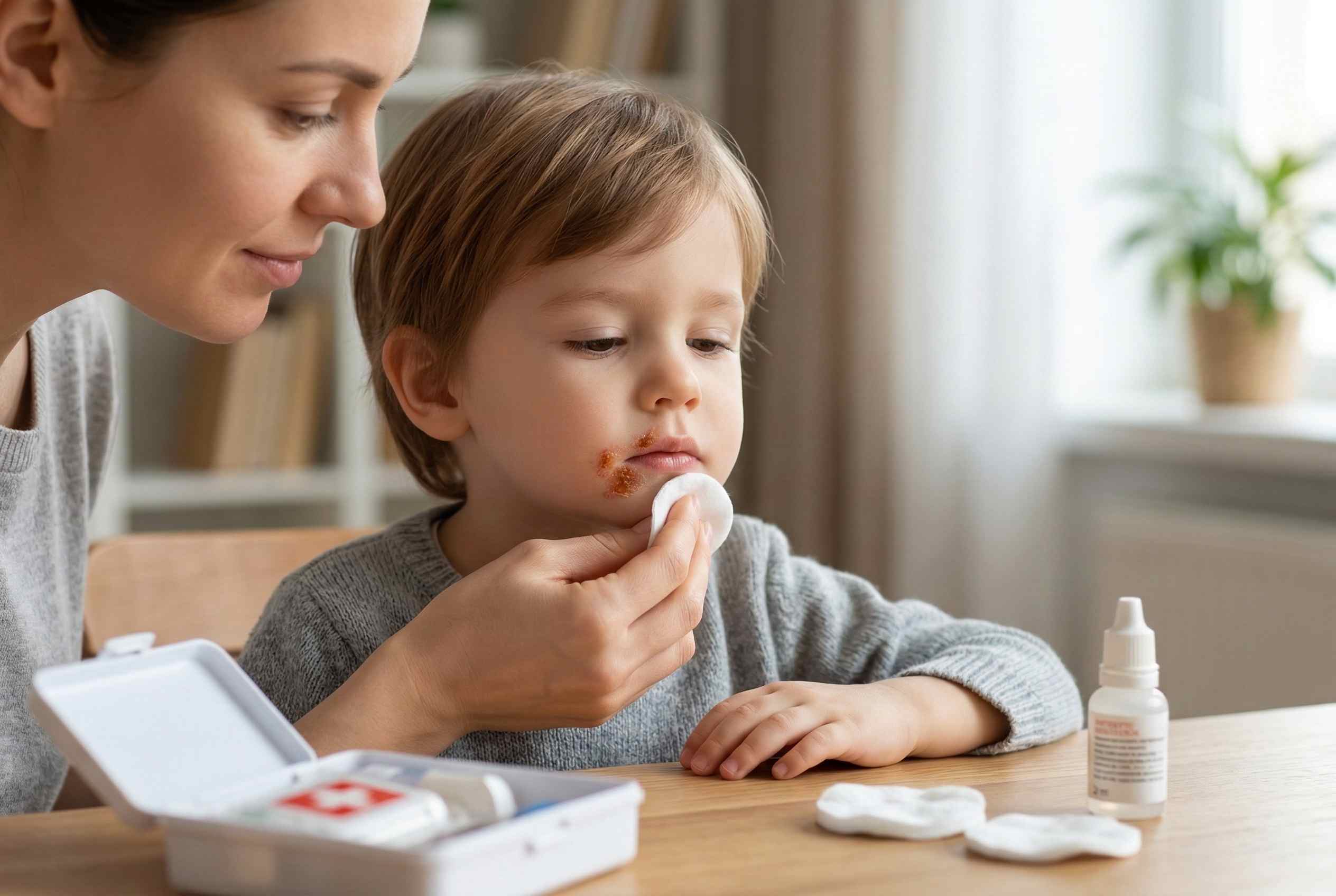 Forælder renser sår med skorpe ved barnets mund som led i behandling af børnesår