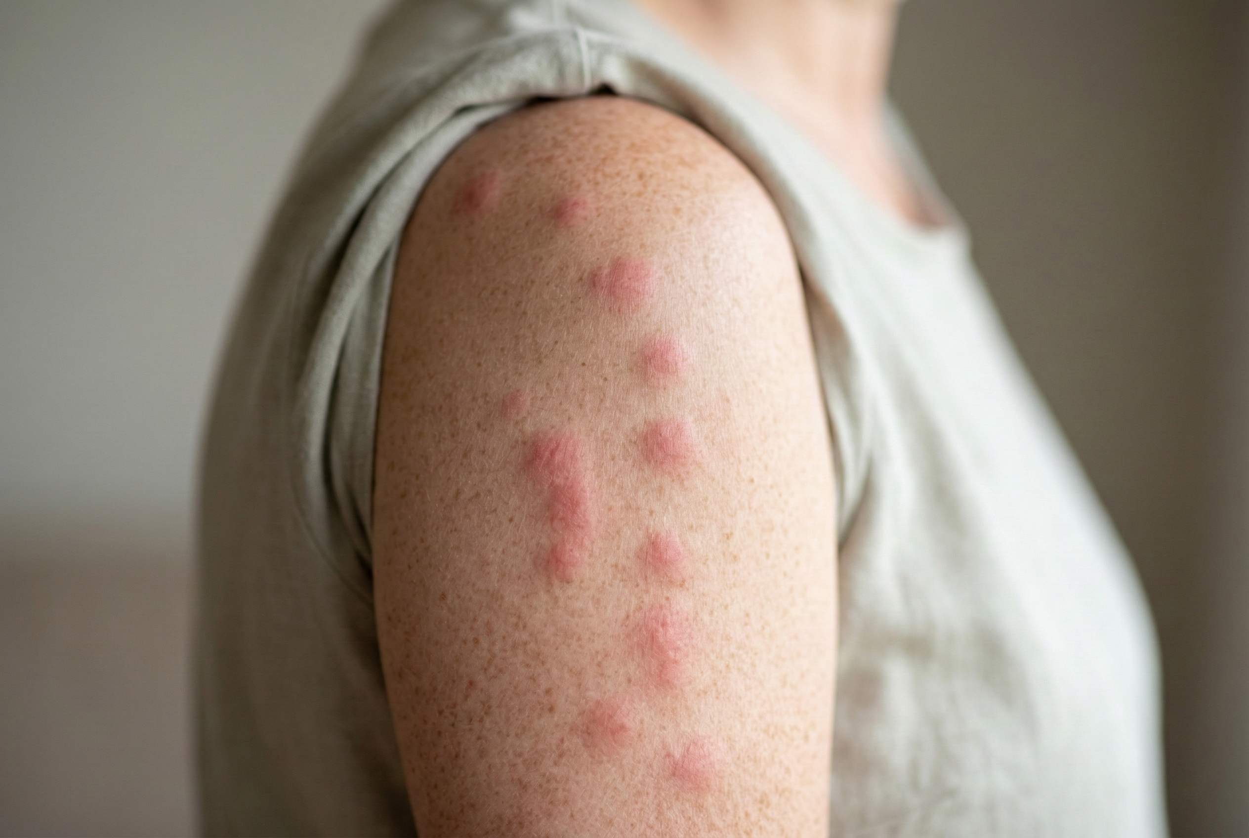 Flere røde insektstik på overarm med hævede knopper i huden