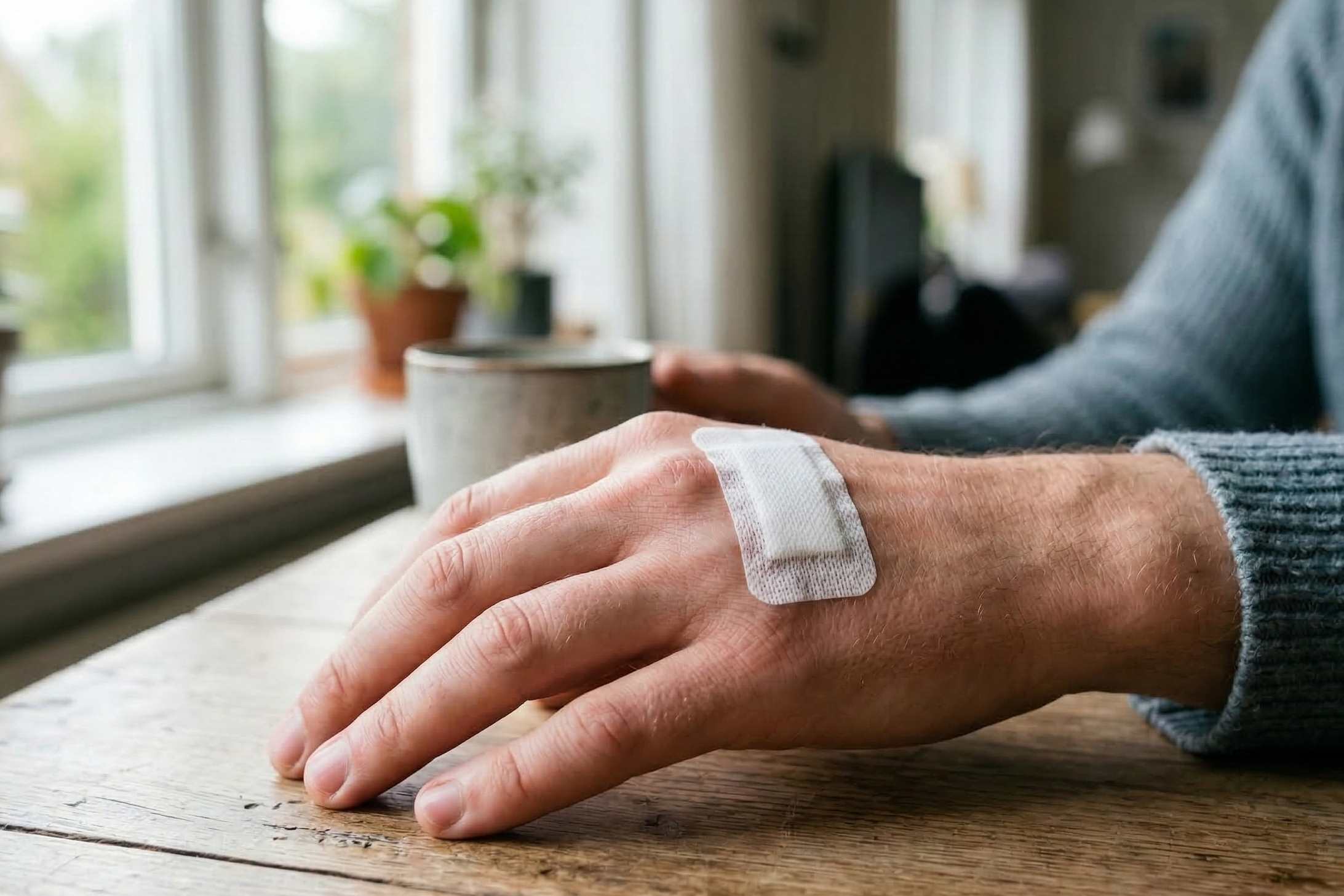 Hånd med bandage over mindre sår efter behandling