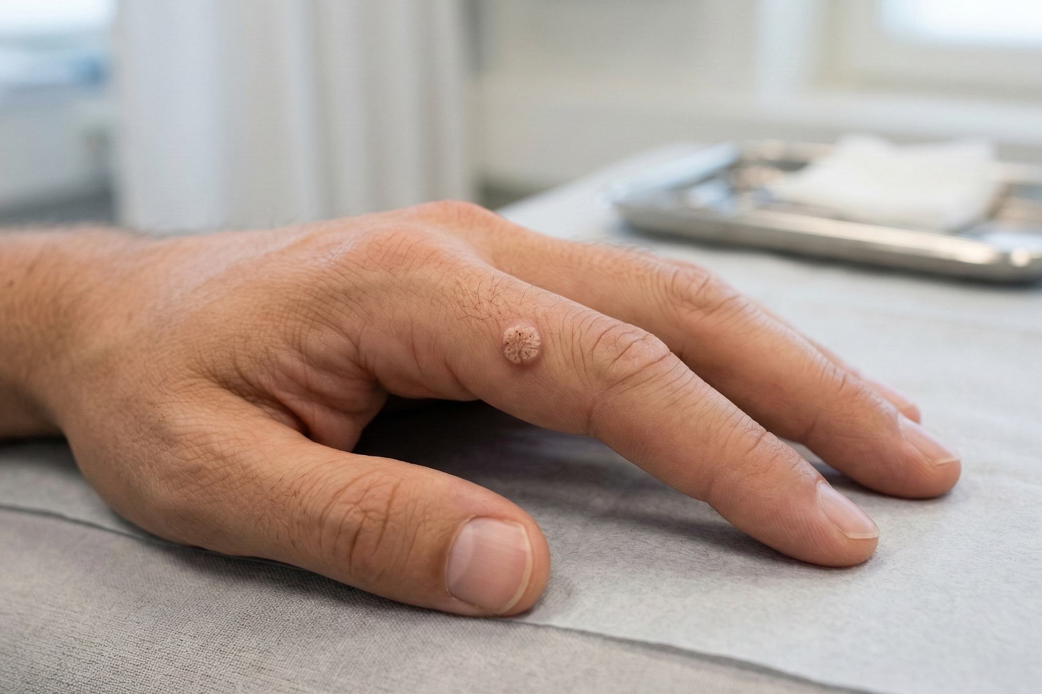 Lille hudvorte på finger hos person med normal hud omkring