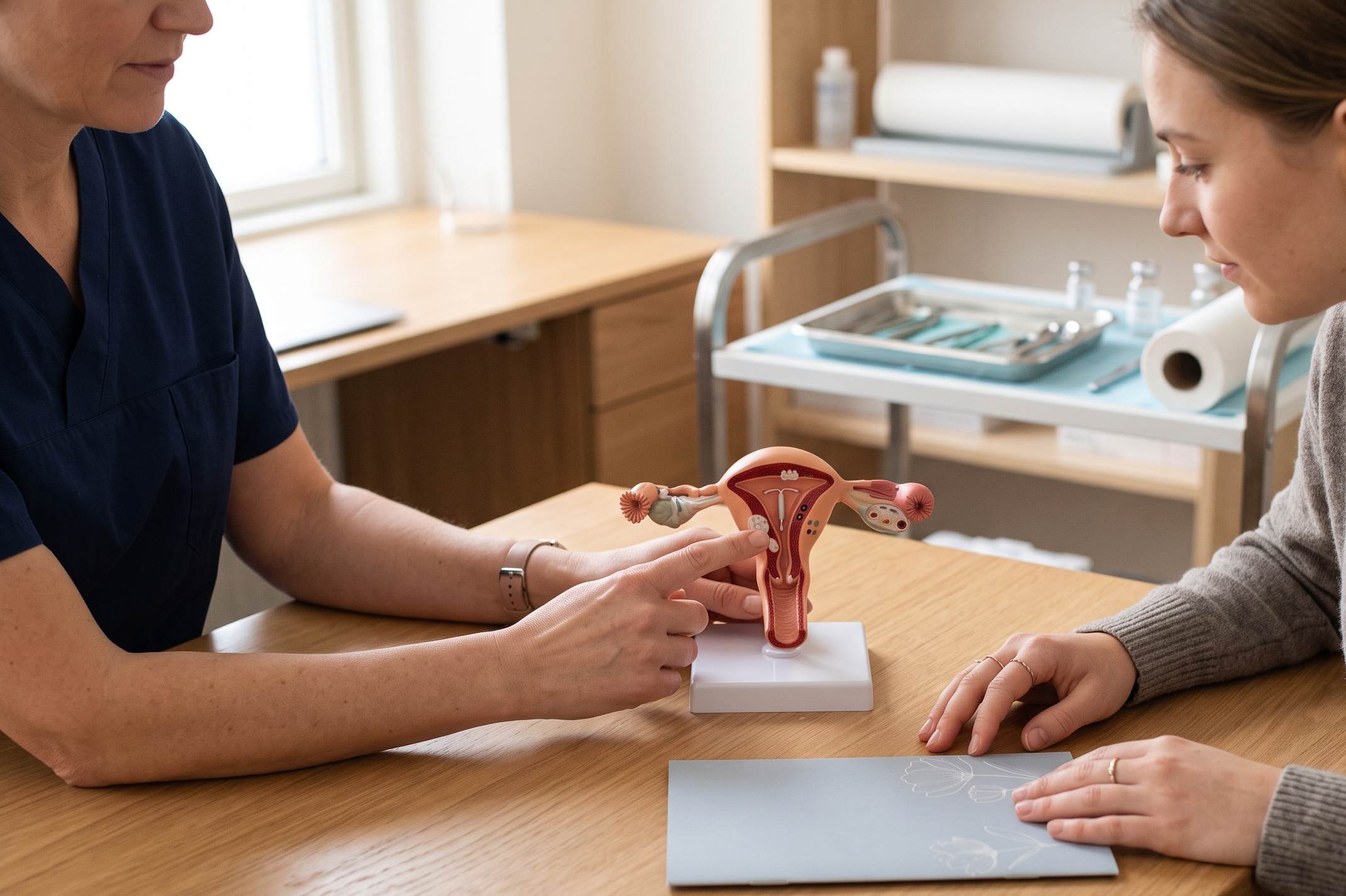 Billede fra almen praksis klinik med livmodermodel og informationsmateriale om hormonspiral